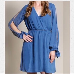 Blue cold shoulder surplice dress